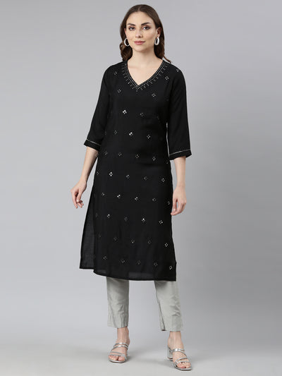 Neerus Black Panelled Straight Embellished Kurtas