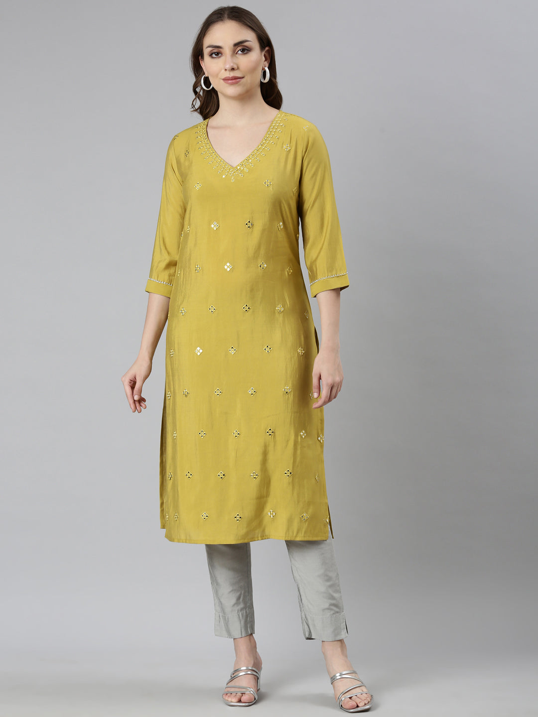 Neerus Green Panelled Straight Embellished Kurtas