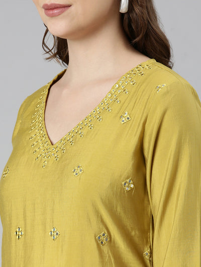 Neerus Green Panelled Straight Embellished Kurtas