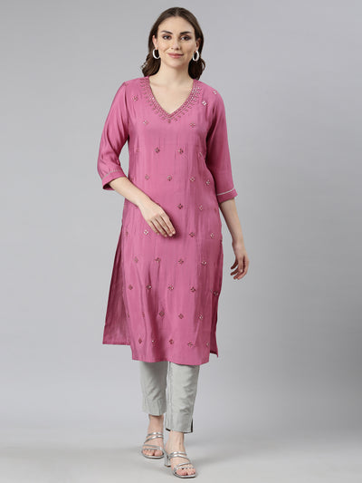 Neerus Pink Panelled Straight Embellished Kurtas