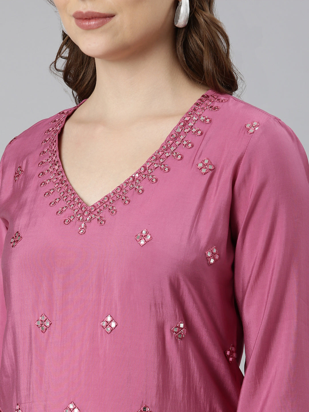 Neerus Pink Panelled Straight Embellished Kurtas