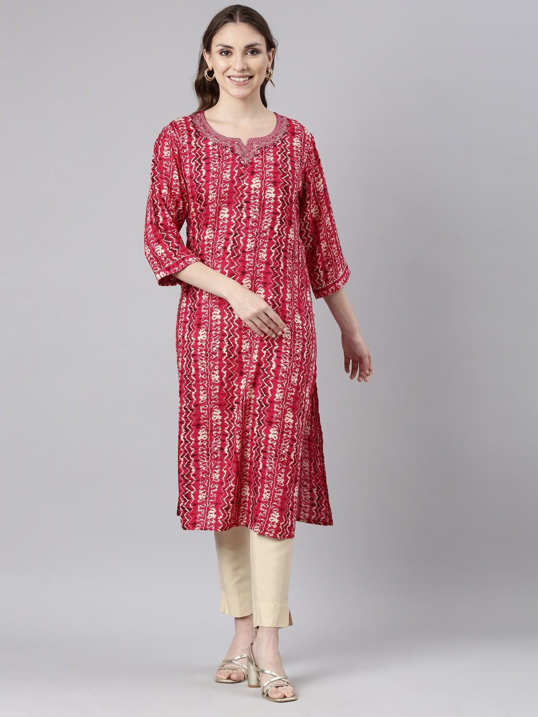 Neerus Pink Regular Straight Chevron Kurtas