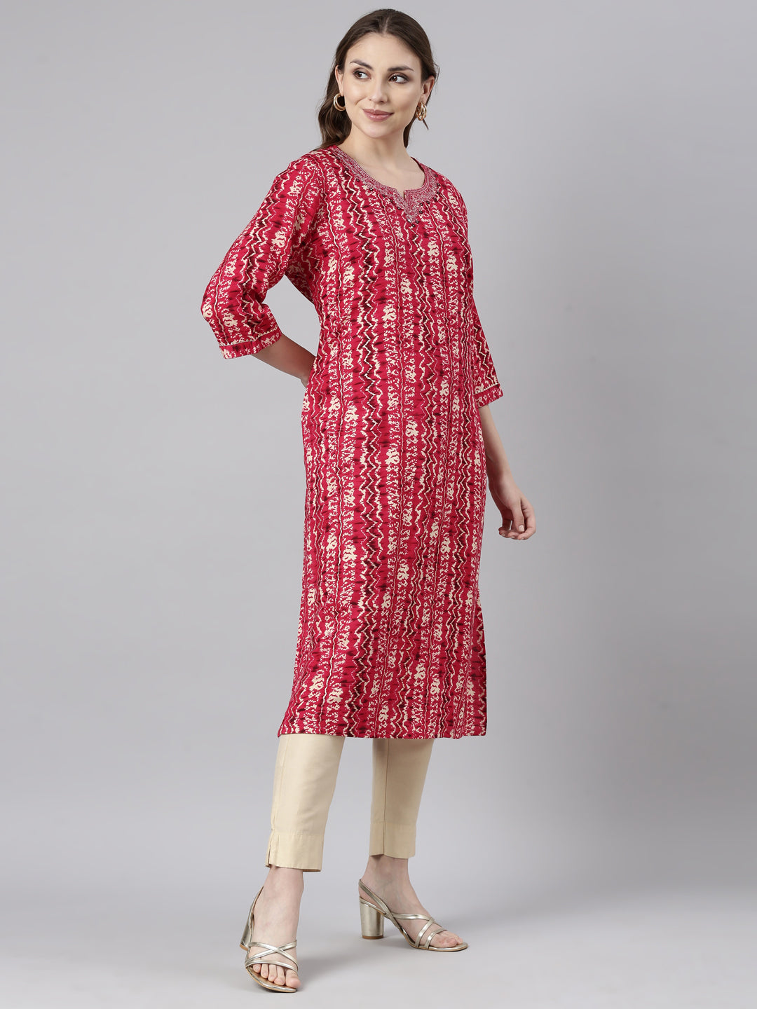 Neerus Pink Regular Straight Chevron Kurtas