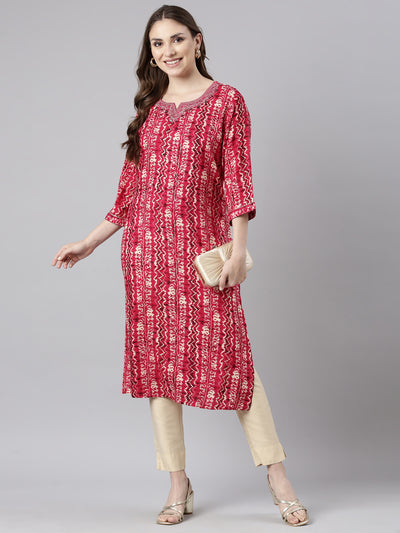 Neerus Pink Regular Straight Chevron Kurtas