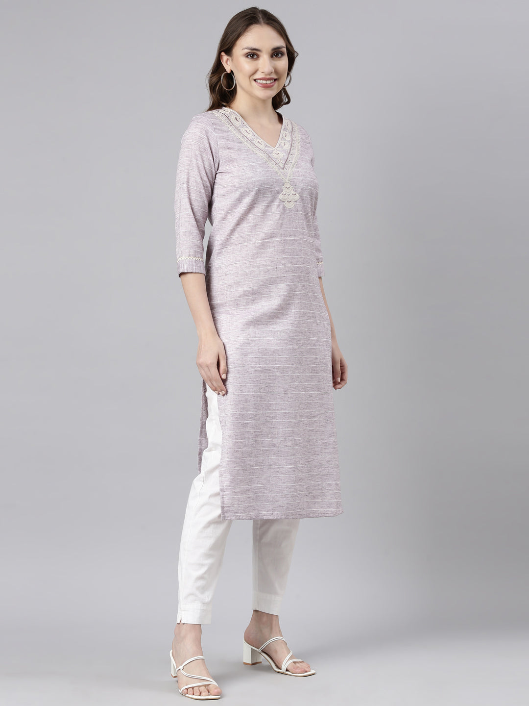 Neerus Grey Regular Straight Checked Kurtas