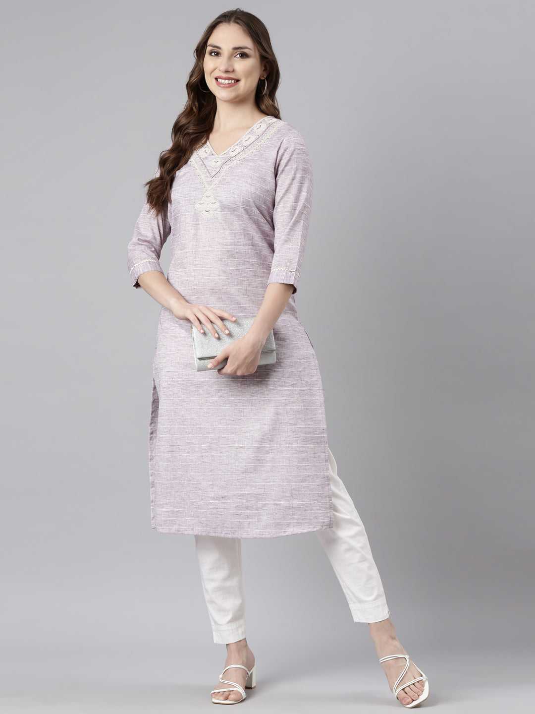 Neerus Grey Regular Straight Checked Kurtas