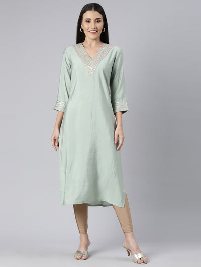 Neerus Green Regular Straight Solid Kurtas