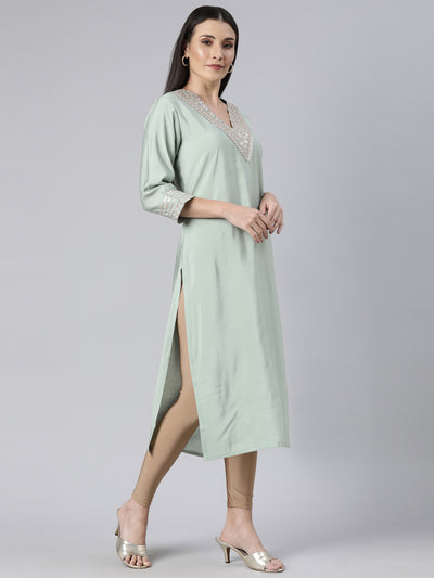 Neerus Green Regular Straight Solid Kurtas