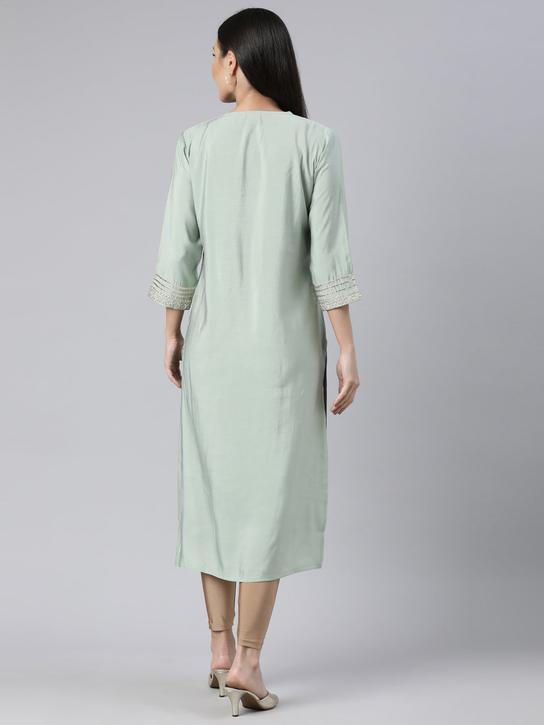 Neerus Green Regular Straight Solid Kurtas