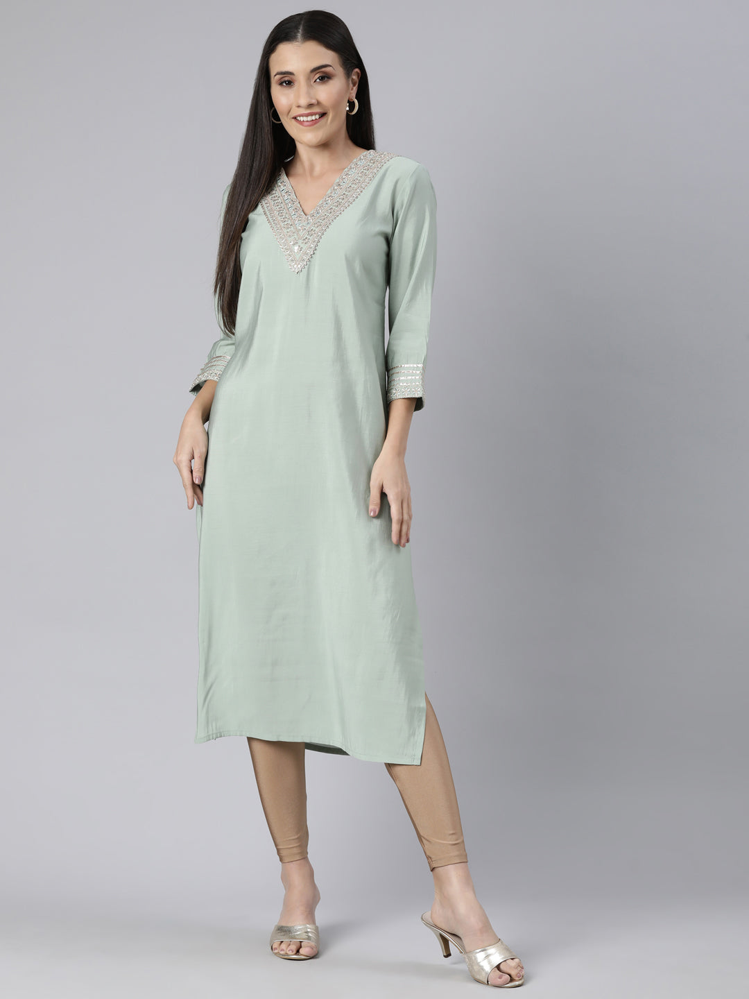 Neerus Green Regular Straight Solid Kurtas