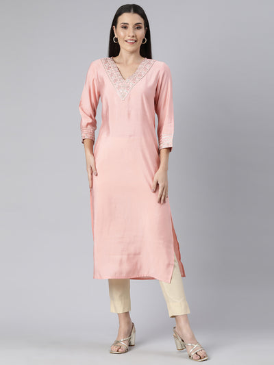 Neerus Peach Regular Straight Solid Kurtas