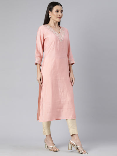 Neerus Peach Regular Straight Solid Kurtas