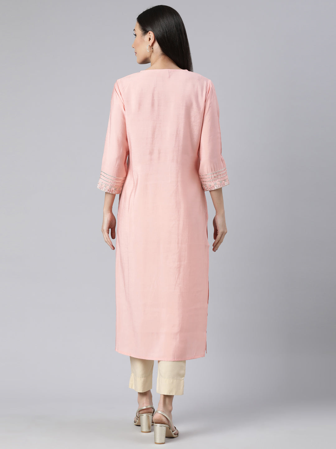 Neerus Peach Regular Straight Solid Kurtas