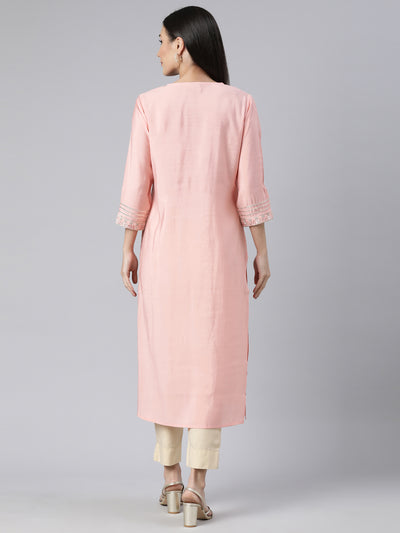 Neerus Peach Regular Straight Solid Kurtas