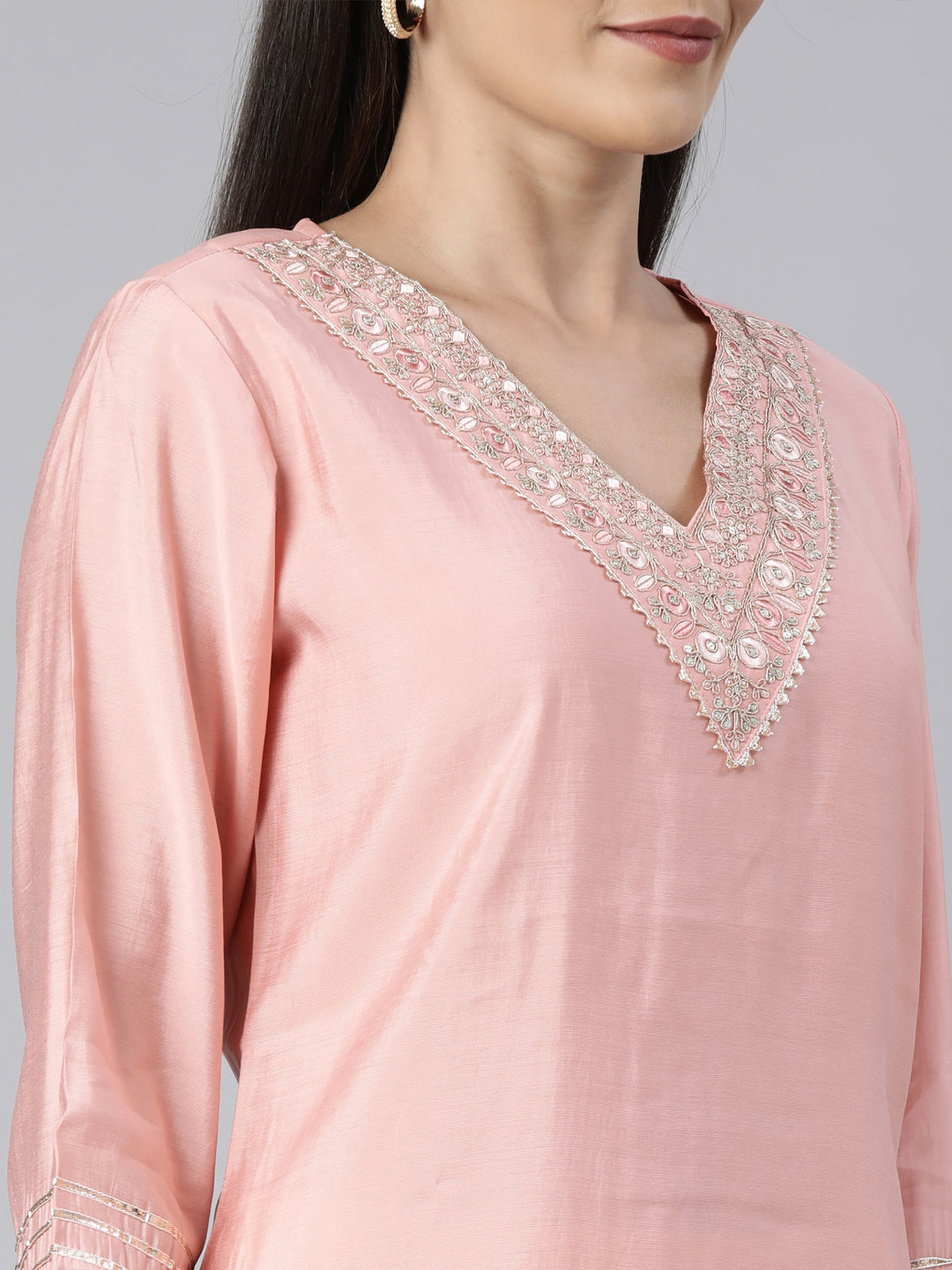 Neerus Peach Regular Straight Solid Kurtas