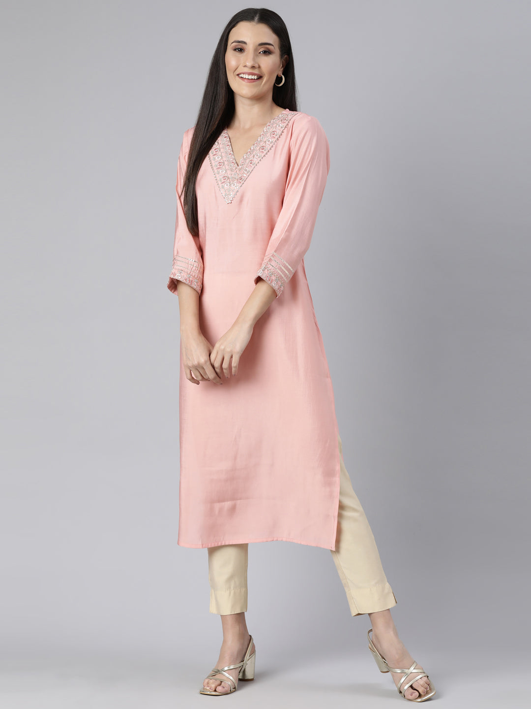 Neerus Peach Regular Straight Solid Kurtas