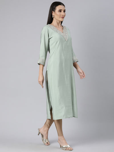 Neerus Green Regular Straight Solid Kurtas