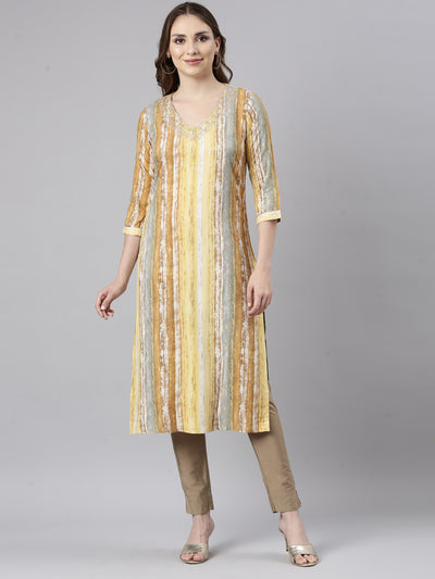 Neerus Yellow Panelled Straight Striped Kurtas