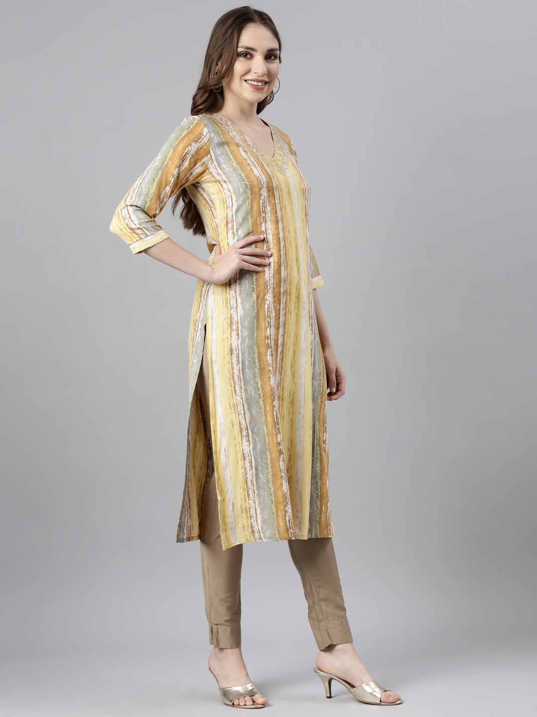 Neerus Yellow Panelled Straight Striped Kurtas