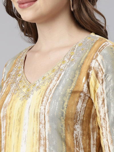 Neerus Yellow Panelled Straight Striped Kurtas