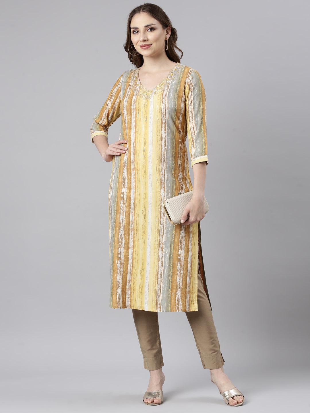 Neerus Yellow Panelled Straight Striped Kurtas