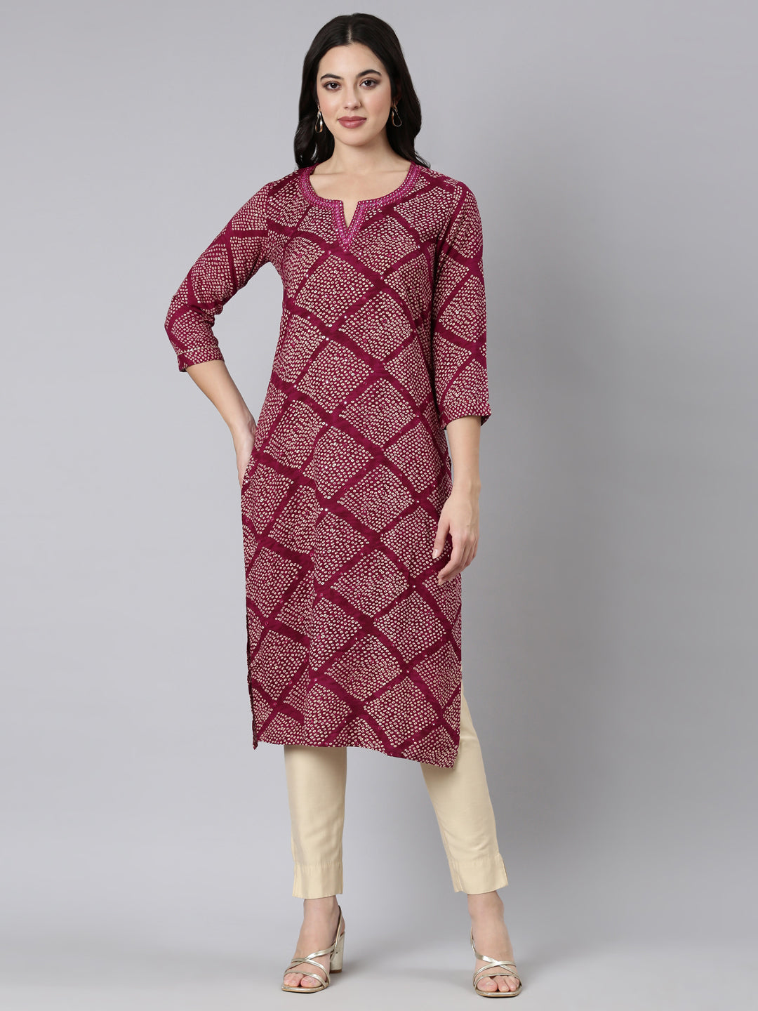 Neerus Purple Panelled Straight Bandhani Kurtas