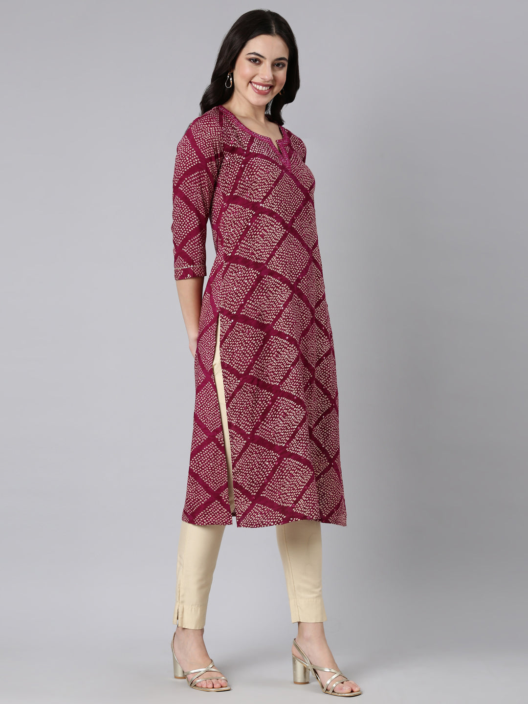 Neerus Purple Panelled Straight Bandhani Kurtas