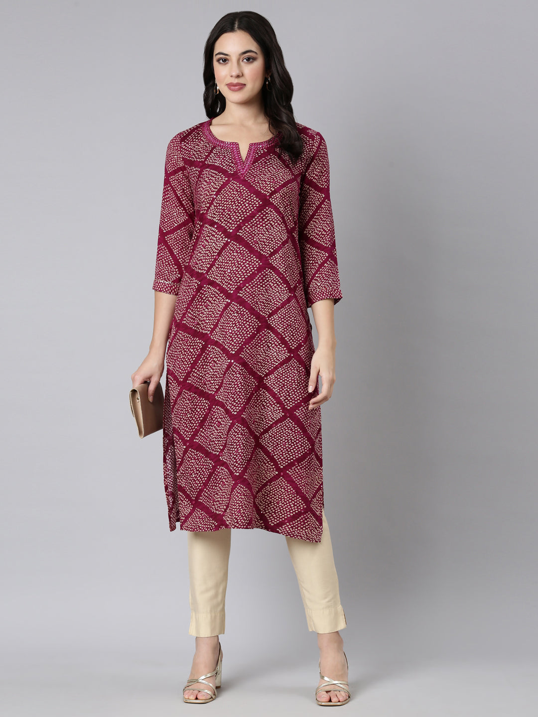 Neerus Purple Panelled Straight Bandhani Kurtas