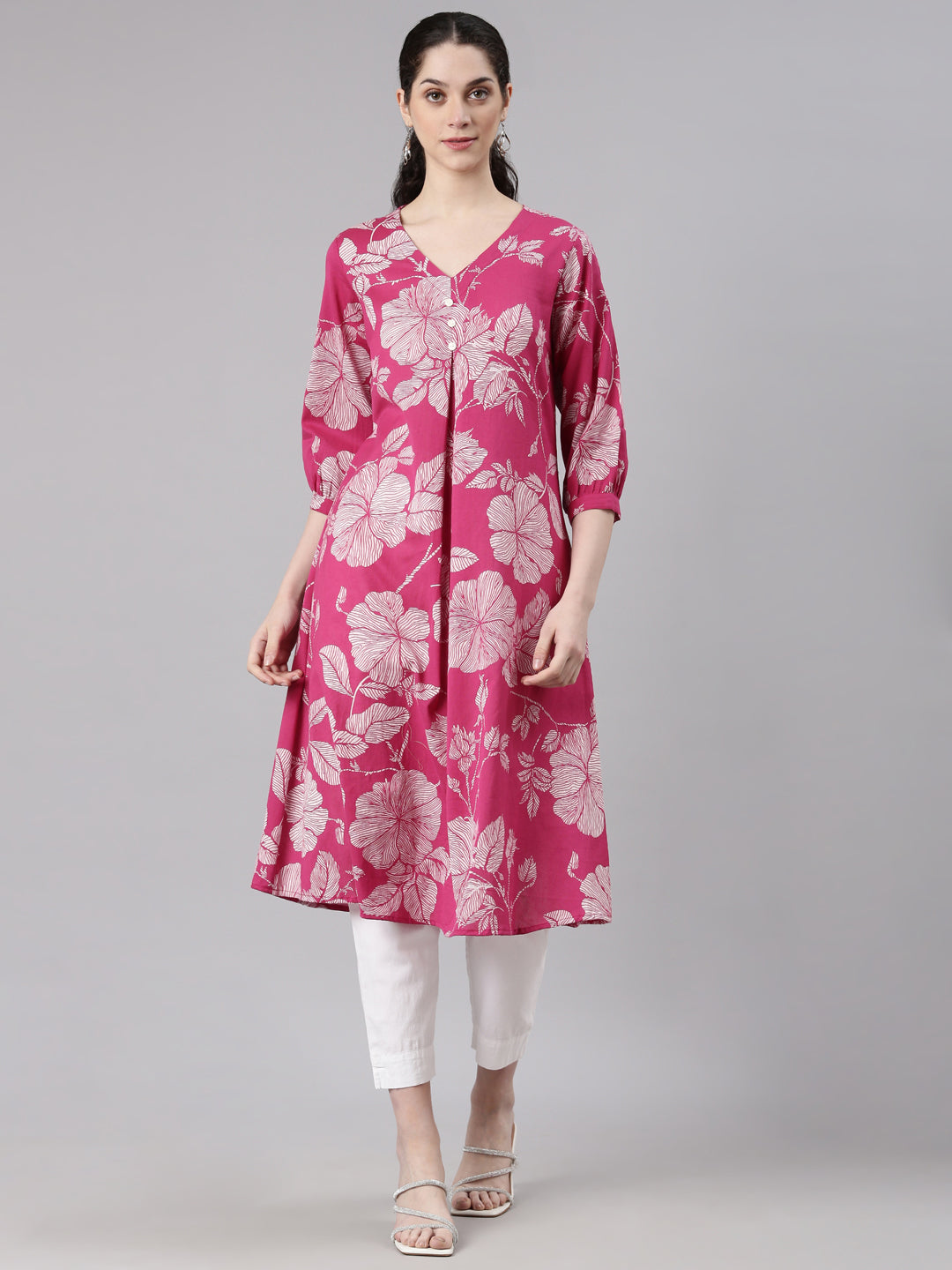 Neerus Pink Anarkali Casual Floral Kurtas