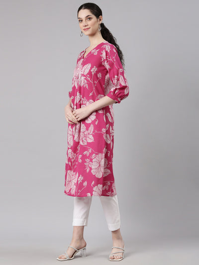 Neerus Pink Anarkali Casual Floral Kurtas