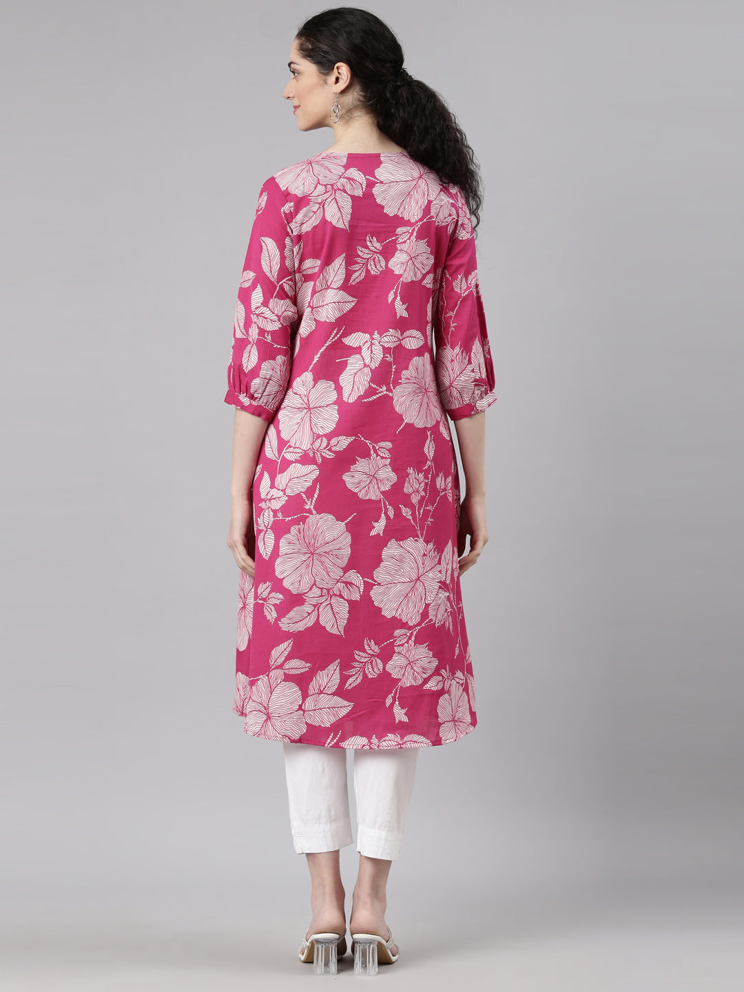 Neerus Pink Anarkali Casual Floral Kurtas