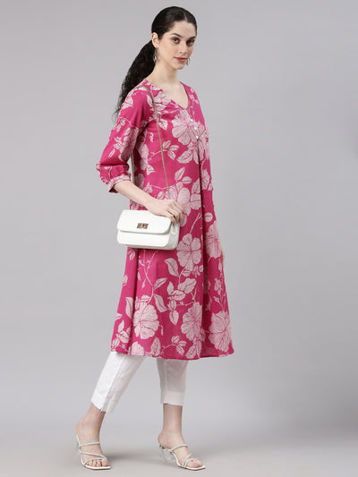 Neerus Pink Anarkali Casual Floral Kurtas