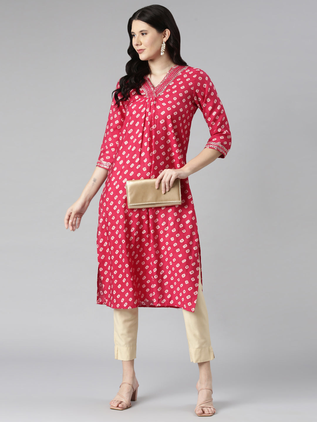 Neerus Pink Casual Solid Straight Kurtas