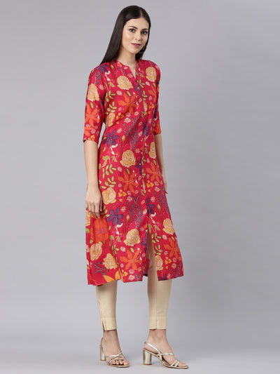 Neerus Red Straight Casual Floral Straight Kurtas