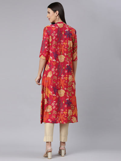 Neerus Red Straight Casual Floral Straight Kurtas