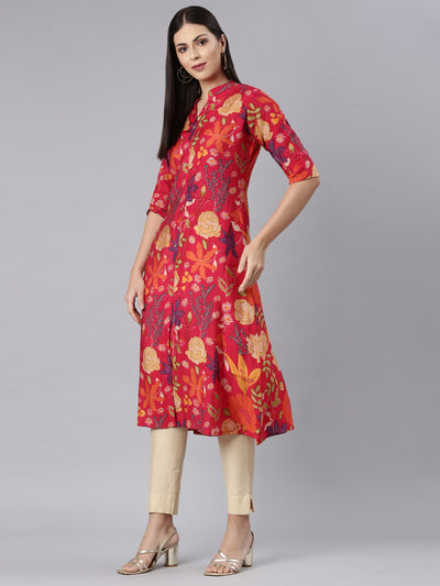 Neerus Red Straight Casual Floral Straight Kurtas