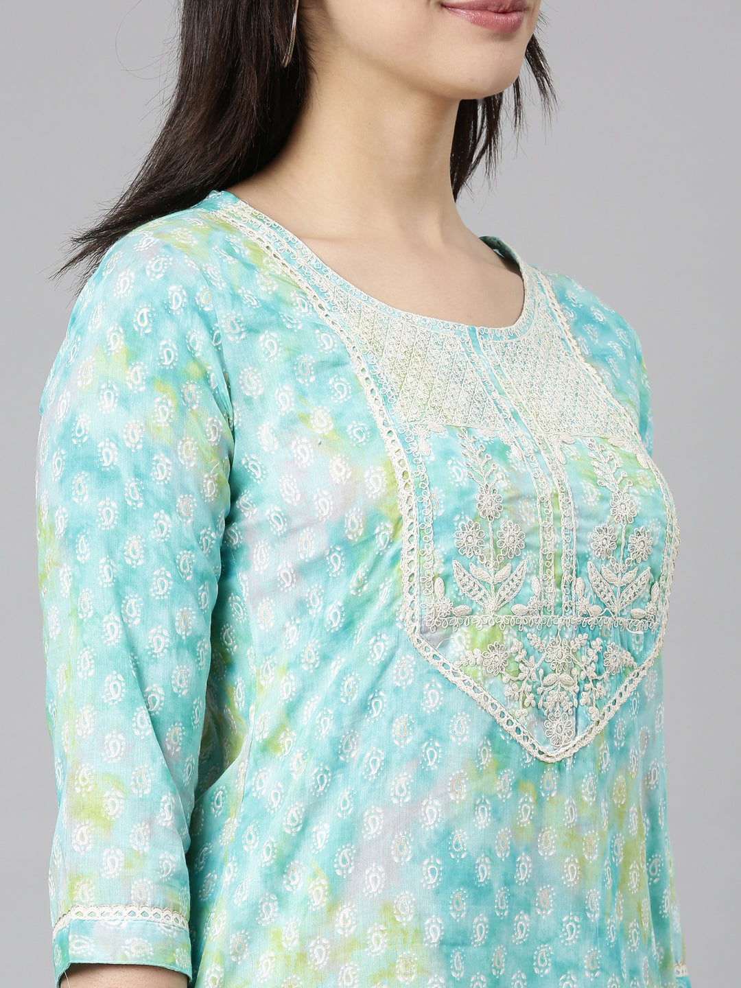 Neerus Turquoise Blue Regular Straight Paisley Kurtas