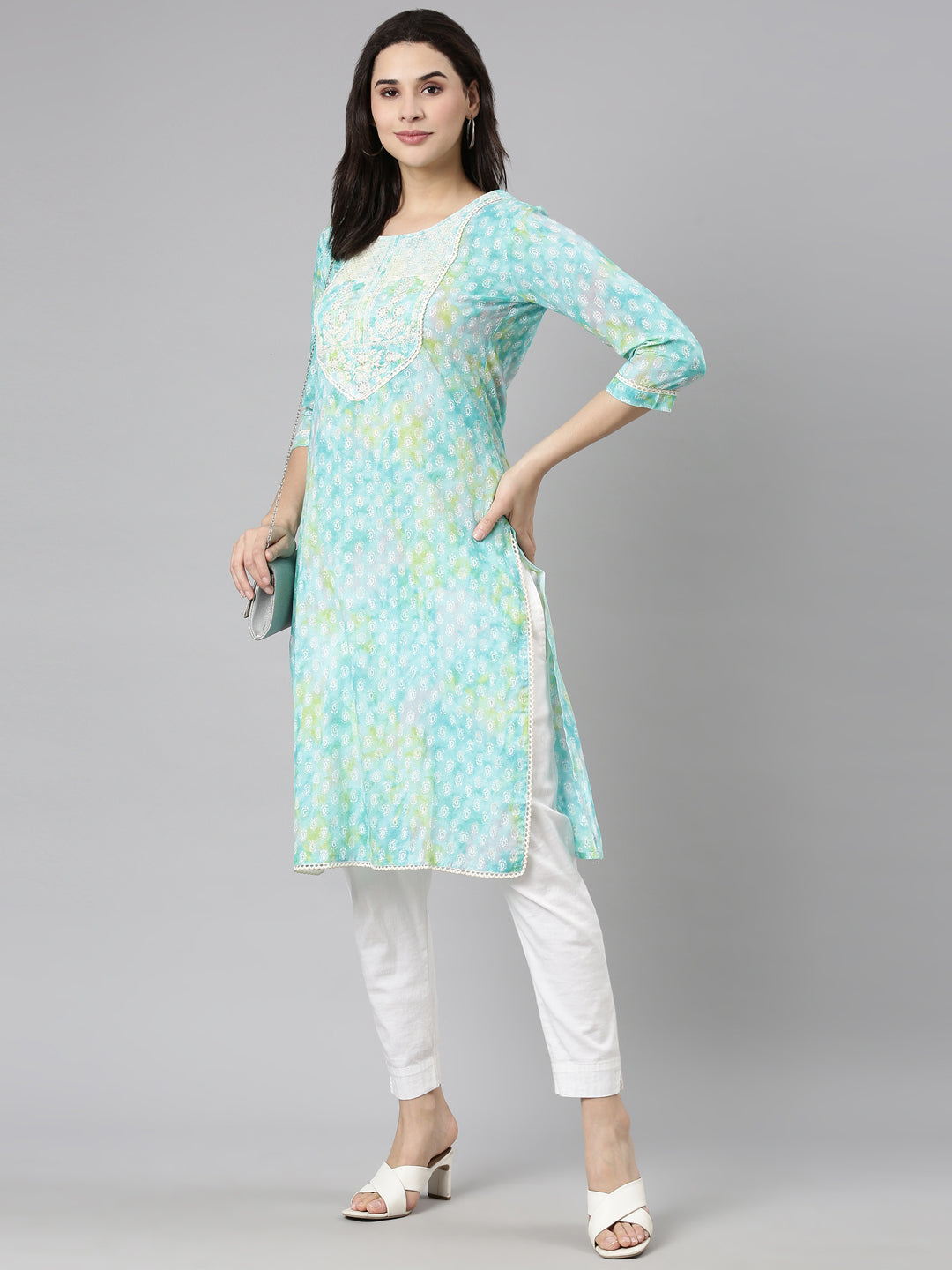 Neerus Turquoise Blue Regular Straight Paisley Kurtas