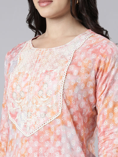 Neerus Orange Regular Straight Paisley Kurtas