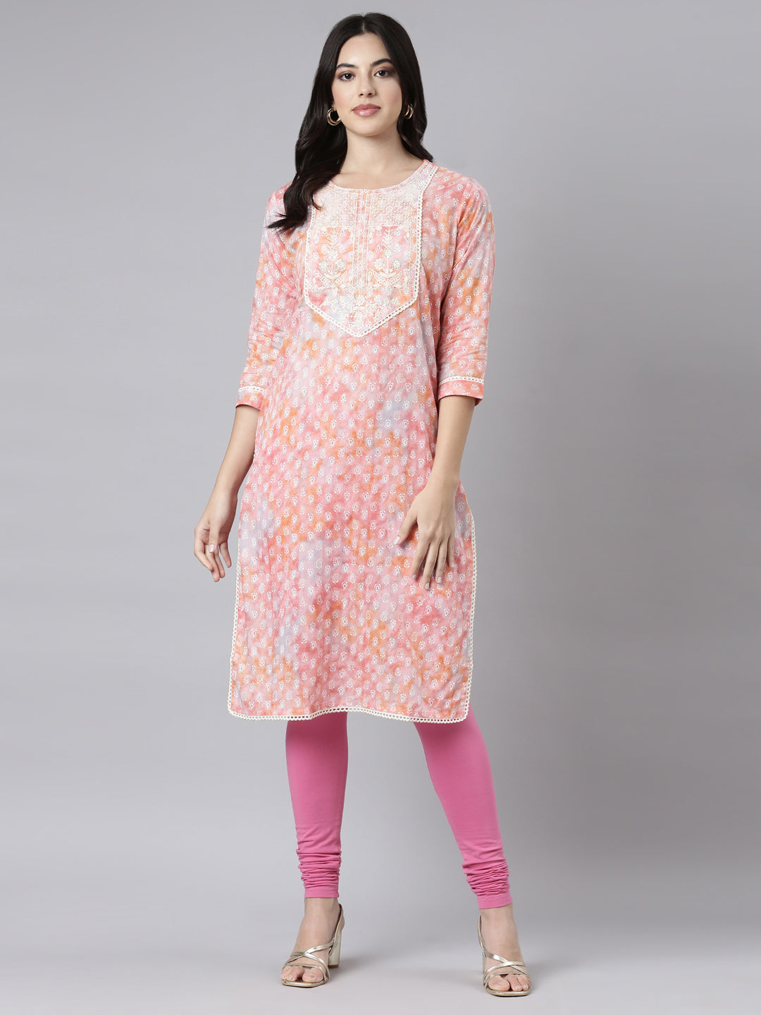 Neerus Orange Regular Straight Paisley Kurtas