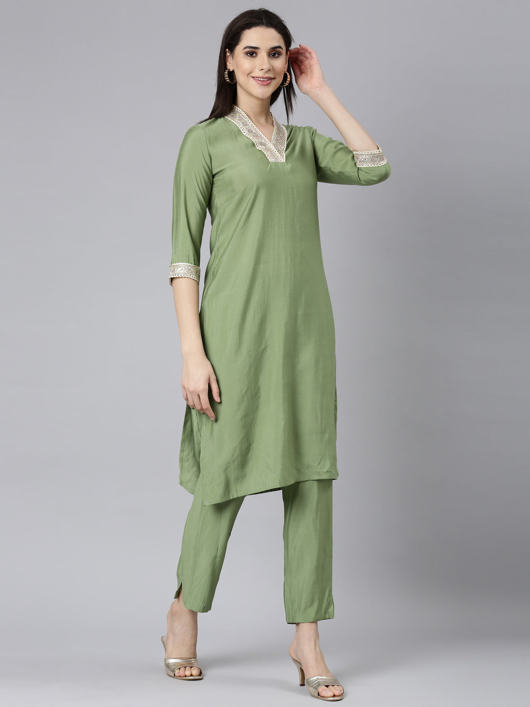 Neerus Green Regular Straight Solid Kurta And Trousers With Dupatta