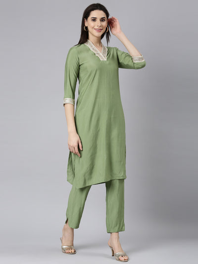 Neerus Green Regular Straight Solid Kurta And Trousers With Dupatta