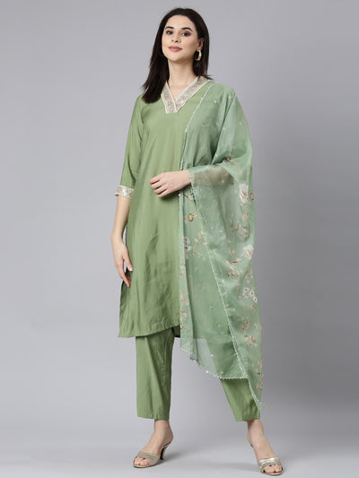 Neerus Green Regular Straight Solid Kurta And Trousers With Dupatta