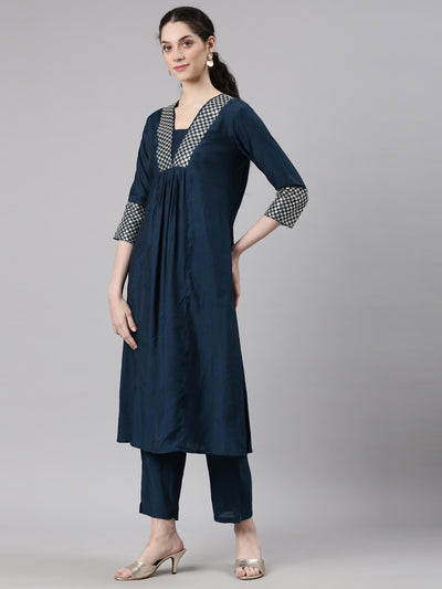 Neerus Blue Curved Casual Solid Kurta and Trouser