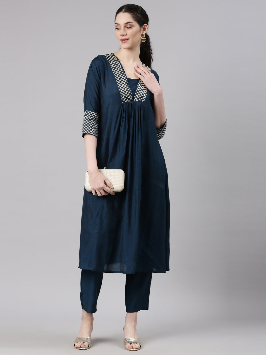 Neerus Blue Curved Casual Solid Kurta and Trouser