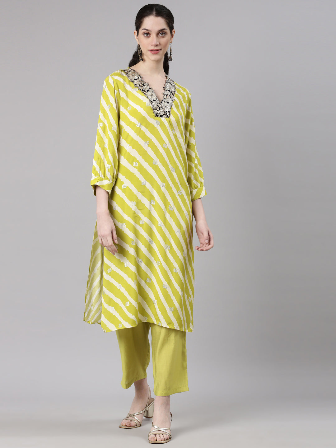 Neerus Yellow Straight Casual Leheriya Kurta and Plazzo