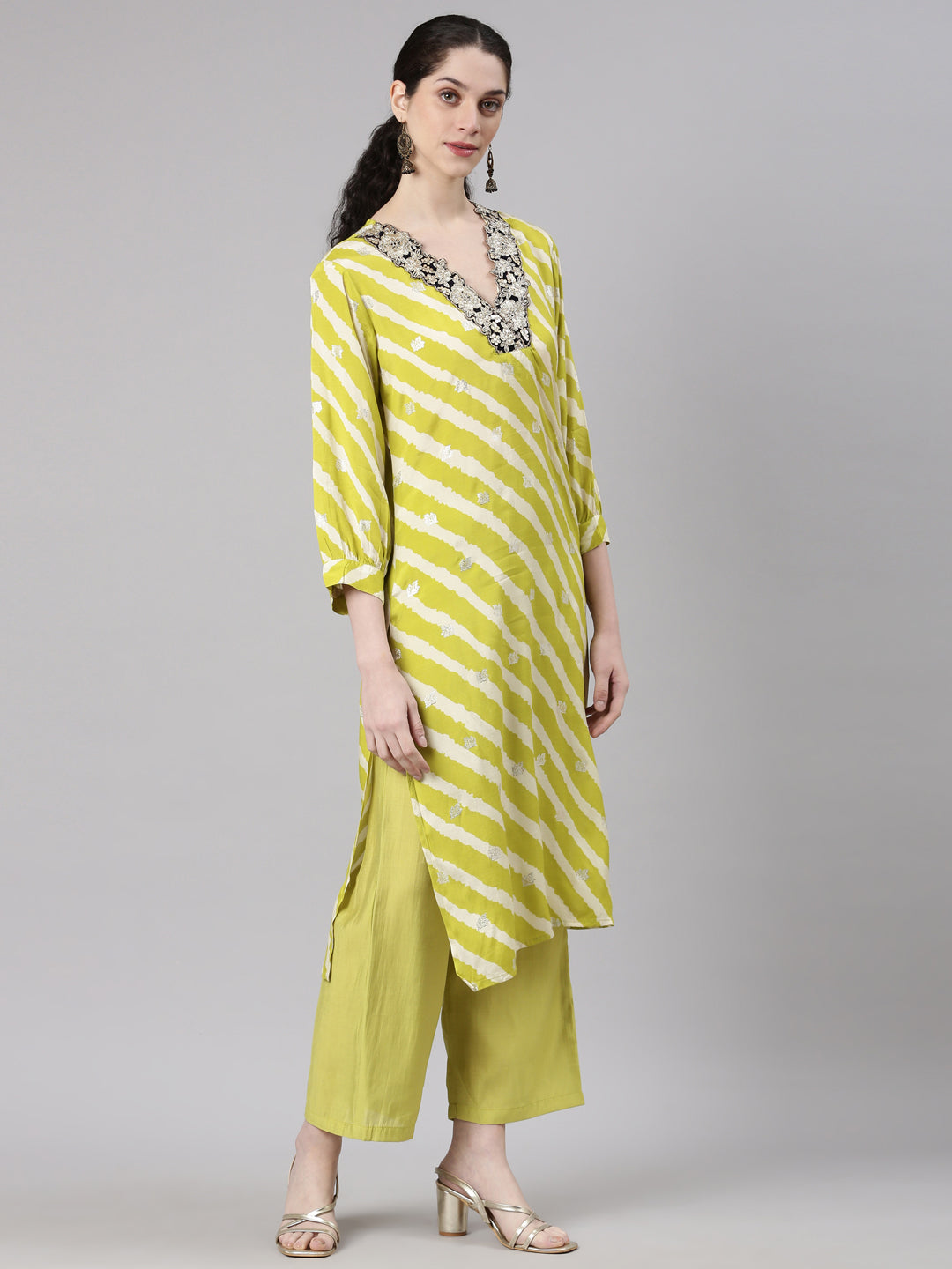 Neerus Yellow Straight Casual Leheriya Kurta and Plazzo