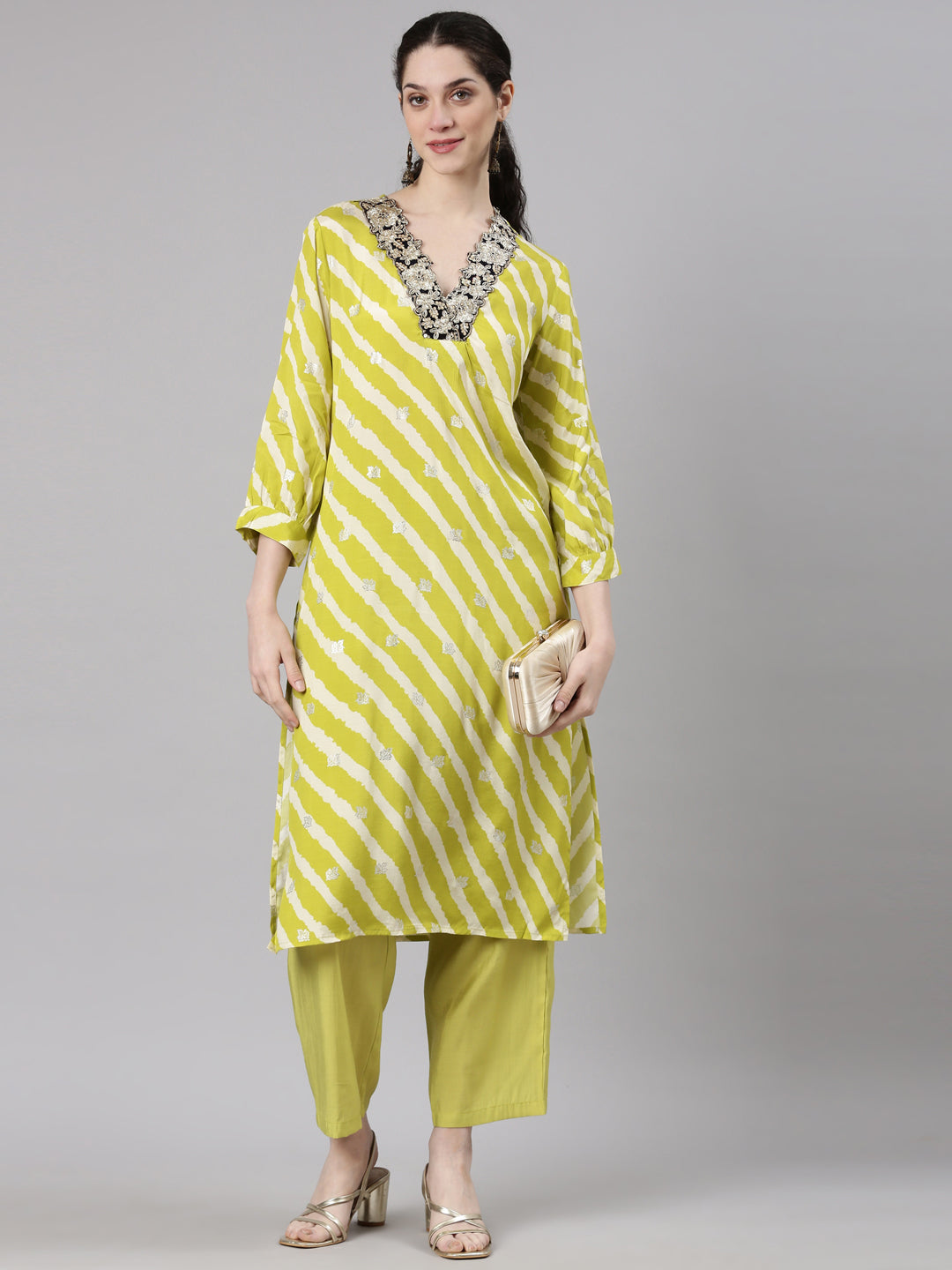 Neerus Yellow Straight Casual Leheriya Kurta and Plazzo