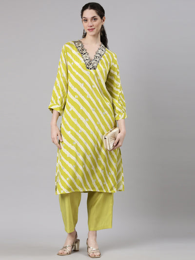 Neerus Yellow Straight Casual Leheriya Kurta and Plazzo