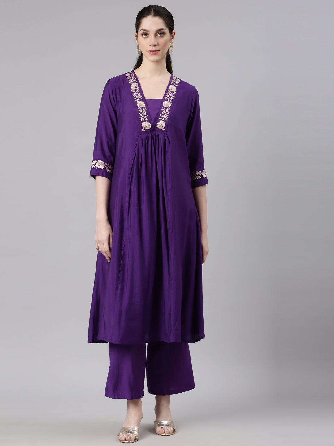 Neerus Purple Straight Casual Floral Kurta and Trouser